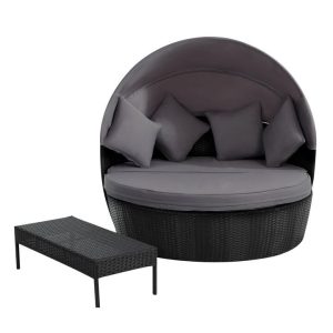 Outdoor Daybed Black 2-in-1 Poly Rattan Sunbed with Canopy