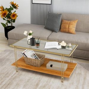 2 Tier Rectangular Coffee Table with Gold Steel Frame and Storage Shelf for Living Room