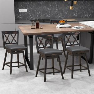 2 Pieces Swivel Bar Stools with Backrest & Rubber Wood Legs-Black-96 cm