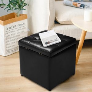 40cm PU Leather Cube Storage Ottoman with Lid-Black