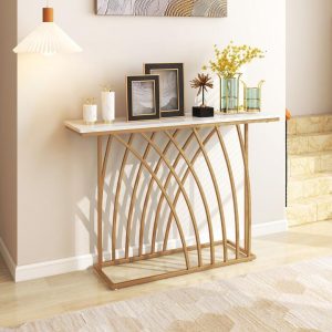 120cm Gold Console Table with White Faux Marble Tabletop
