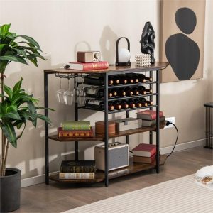 Wine Rack Table with Power Outlets for Kitchen Dining Room-Brown