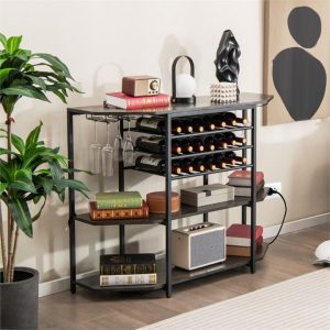 Wine Rack Table with Power Outlets for Kitchen Dining Room-Grey