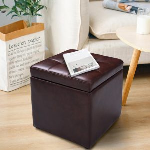 40cm PU Leather Cube Storage Ottoman with Lid-Brown