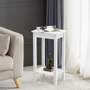2 Piece Versatile Wooden Narrow End Table with 2-Tier Storage Shelves-White
