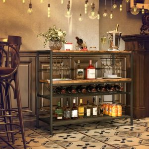 4-Tier Freestanding Wine Rack with Wine Storage-Rustic Brown