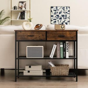 100cm Console Table with 2 Drawers & 2-Tier Shelves & Anti-Toppling Design-Brown