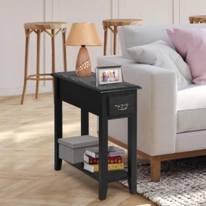 2 Tier End Table with Storage Drawer and Lower Shelf-Black