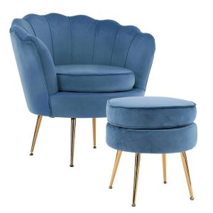 La Bella Shell Scallop Navy Blue Armchair > Furniture > Living Room > Armchairs Velvet + Round Ottoman Footstool