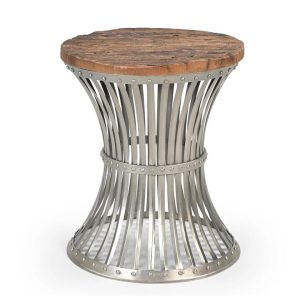 Inverted Wood and Iron Rustic Industrial Round Side Table