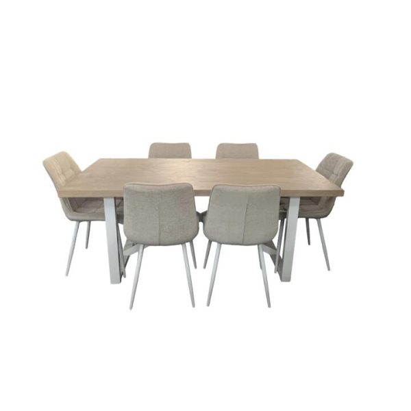 HomeStar 7Pc Dining Set Havana Rectangular Dining Table 180cm W/ 6Pc Loma Fabric Dining Chair Beige
