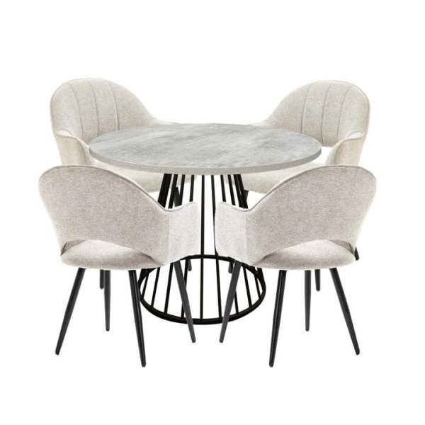 HomeStar 5Pc Dining Set Matilda Round Dining Table 110cm Faux Cement W/ 4Pc Luka Fabric Dining Chair Coconut