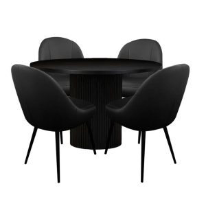 HomeStar 5Pc Dining Set Sona Round Dining Table 120cm Black W/ 4Pc Soon PU Leather Dining Chair Black