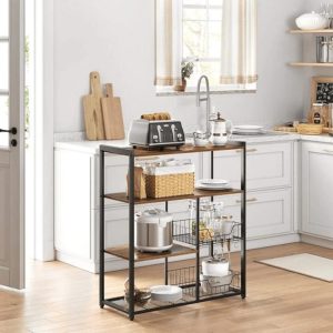 4 Tier Kitchen Storage Shelves with 6 S-Hooks Display Shelf Rectangular Rustic Brown