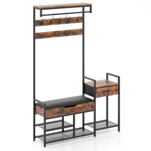 178 cm Freestanding Hall Tree with Shoe Storage Bench-Brown